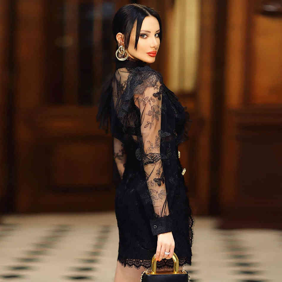 Summer Women Long Sleeve Bandage Sets Sexy Lace Buttons Club Celebrity Runway Party Black 3 Three Pieces 210423