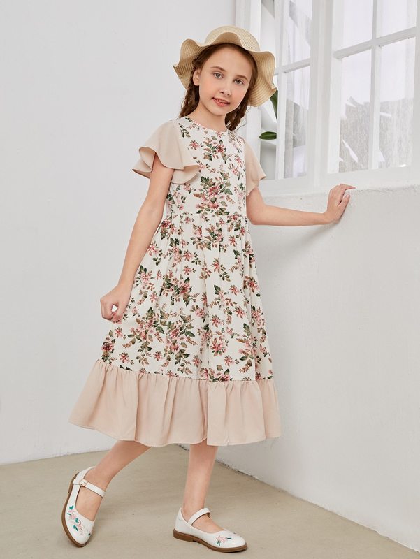 Girls Floral Print Ruffle Hem Dress SHE03