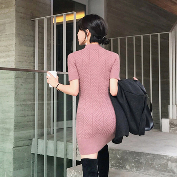 Autumn Winter Warm Bottoming Sweater Women Sexy Slim Bodycon Dress Female Half turtleneck short Sleeve Knitted Vestidos 210519