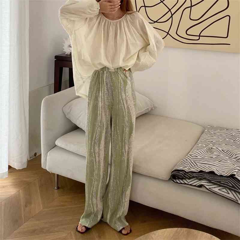 Rendering Women Fashion Wide-Leg Pants Summer Pleated Chic Trousers Korean Ladies Thin Striped Elastic High Waist 210520