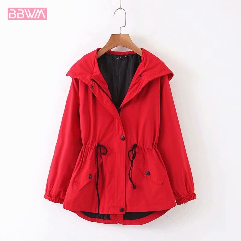 Hooded Lapel Loose Long-sleeved Drawstring Waist Red Chic Women's Jacket Windproof Simple Candy-colored Female Coat Tops 210507