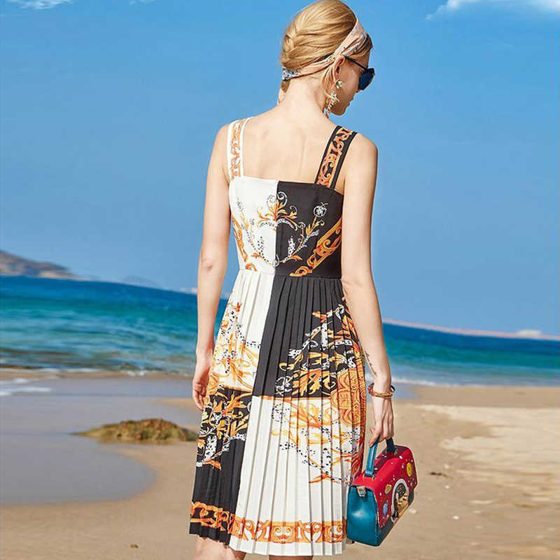 2021 Summer New Vacation Party Dress Women Spaghetti Strap Floral print Beading Elegant Pleated baroque vintage Mini Dresses Y2k Q0707