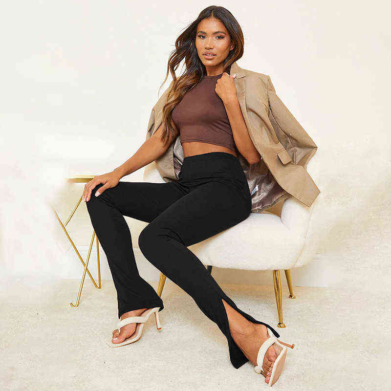 Insta Women Legging Split Side Skinny Pants Trousers Autumn Fitness Solid Office Lady Streetwear Casual Female s 211124Z
