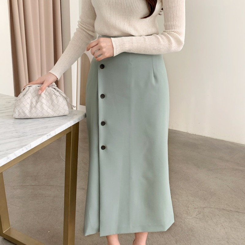 Nomikuma Woman Skirts Vintage Single Breasted High Waist Korean Skirt Causal Fashion Split Faldas Mujer Moda New 6G730 210427