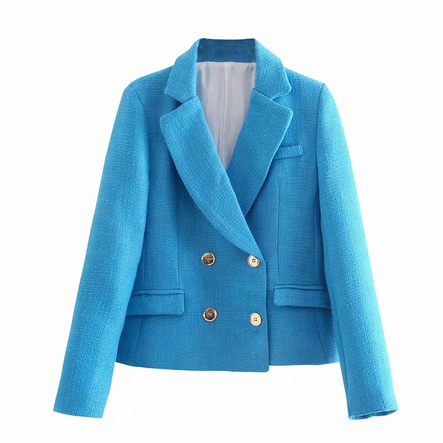 Fashion Women Blue Tweed Blazer Jacket Spring Double Breasted Female Autumn Coat Chic Pockets Office Lady Elegant Top 210521