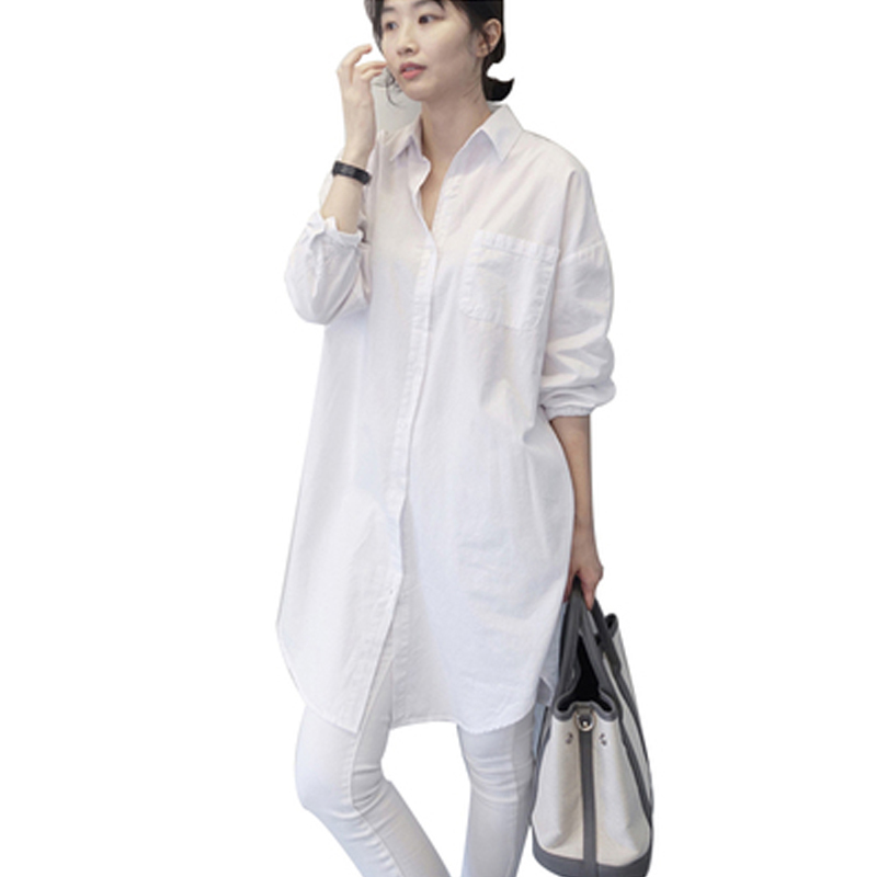 Korean Fashion Clothing Summer Loose Mid-Length Cotton White Shirt Women's Tops Plus Size Long-Sleeve Women Blouse 85A 210420