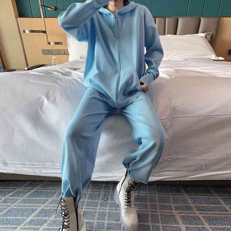 Fashion Solid Knitted 2-Piece Suits Women Double Dlider Zipper Hooded Cardigan Basic Straight Leg Trousers Spring Sets 210522