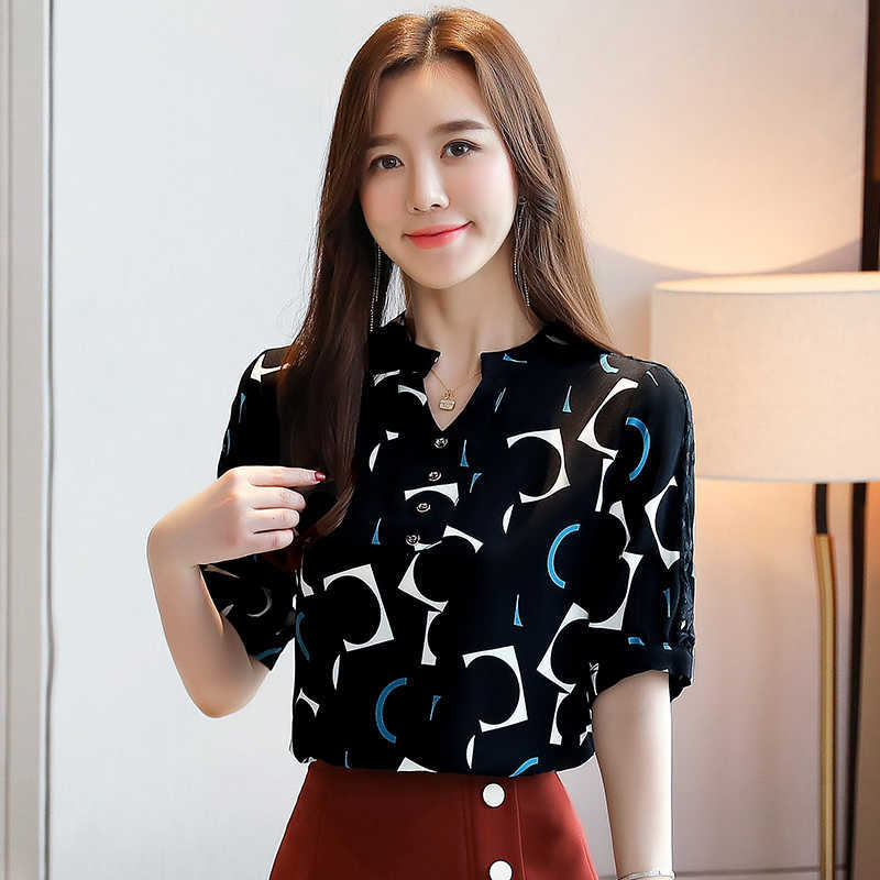 Korean Chiffon Women Blouses Shirts Woman Print Blouse Shirt Office Lady V Neck Top Plus Size Blusas Femininas Elegante 210531