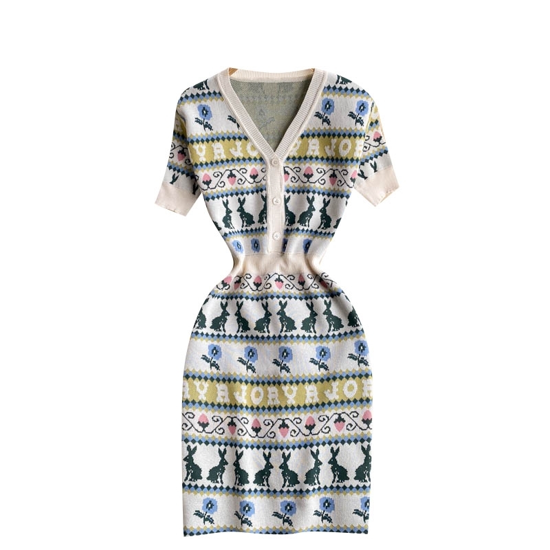 Cartoon Image Dress V-neck Temperament Fashion Slim Fit Woman Dress Short Sleeve Dresses For Women Summer 210515