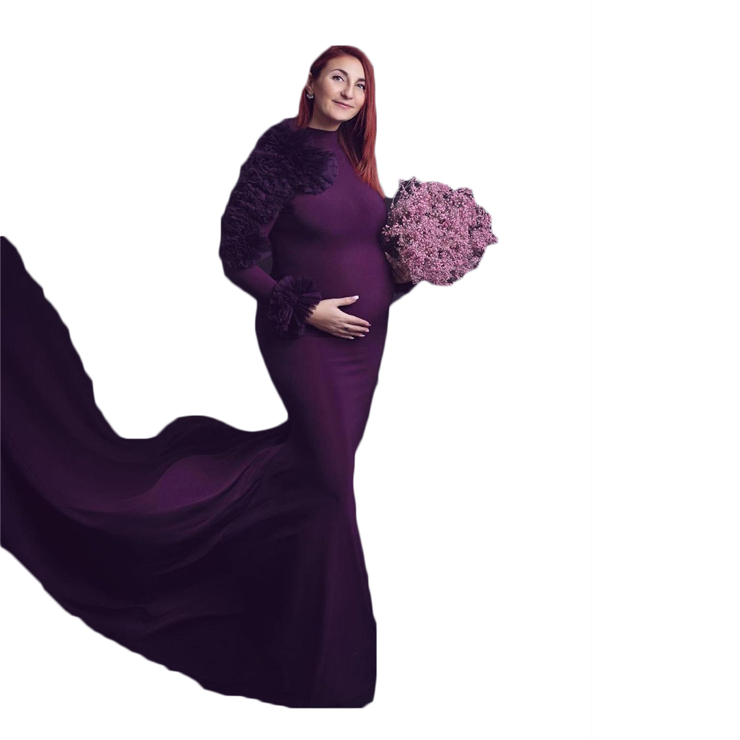 2021 Purple Ruffles Plus Size Pregnant Ladies Maternity Sleepwear Dress High Neck Nightgowns For Photoshoot Lingerie Bathrobe Nightwear Baby Shower