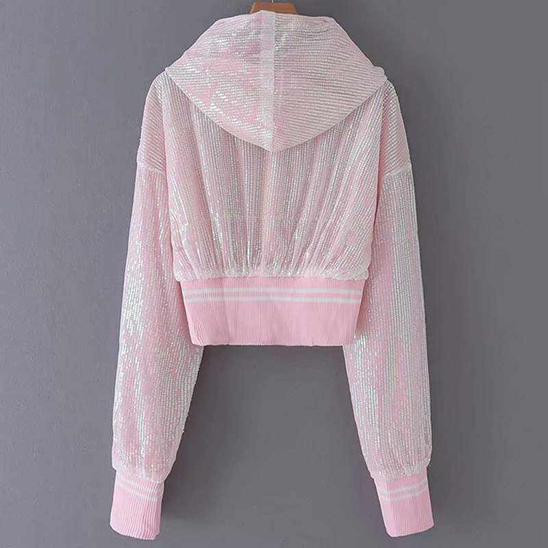 Black silver Women's jacket autumn sunscreen sports hooded jacket sequins pink zipper sweet long sleeve short coat female 210507