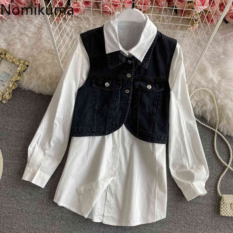 Nomikuma Spring Korean Women Sets Causal Demin Vest + Medium-long Solid Long Sleeve Blouse Shirt Outfits 6F523 210427