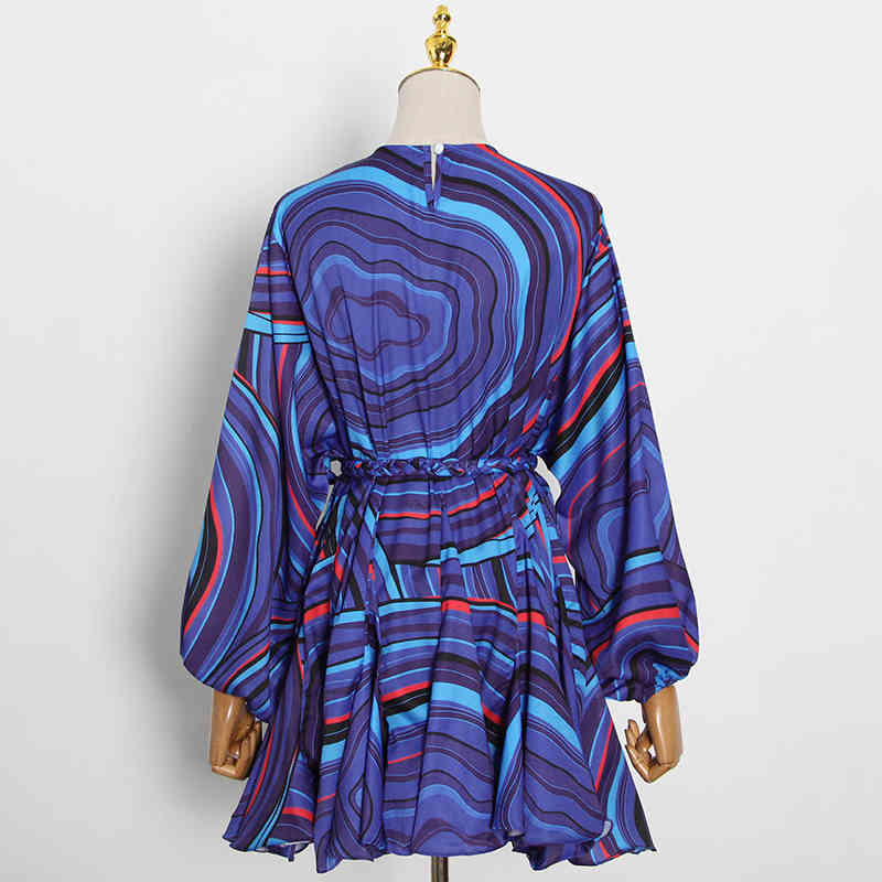 VGH Print Dress For Women O Neck Long Lantern Long Sleeve Patchwork Bandage High Waist A Line Casual Dress Female Clothing 210421