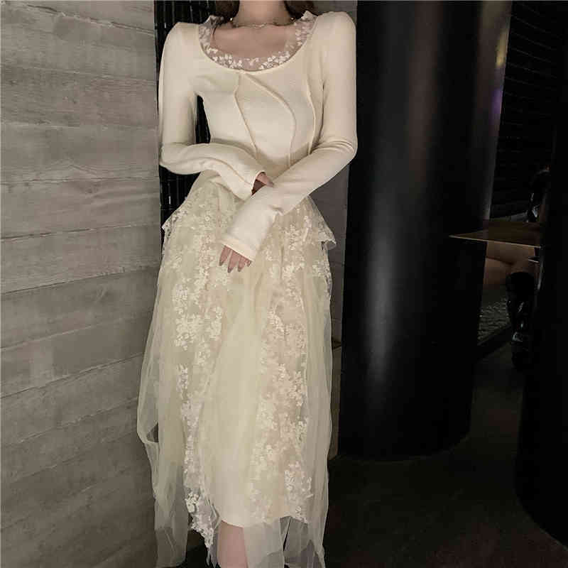Spring Elegant Lace Dress Women Casual Long Sleeve Slim Sweet Dress Korean French Vintage Party Dress Female 210521