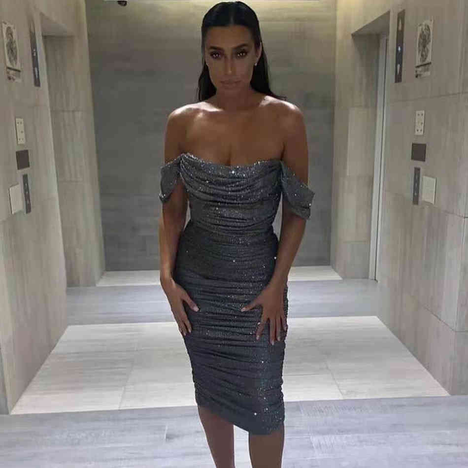 Free Summer Women's Dress Sexy Card Shoulder Short Sleeve Halter Bodycon Nightclub Knee-length Dresses 210524