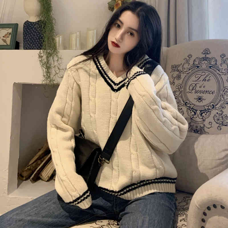 Autumn Winter korean style knitted Sweaters Womens Loose V neck Striped Sweater and Pullovers female (C8592) 210423