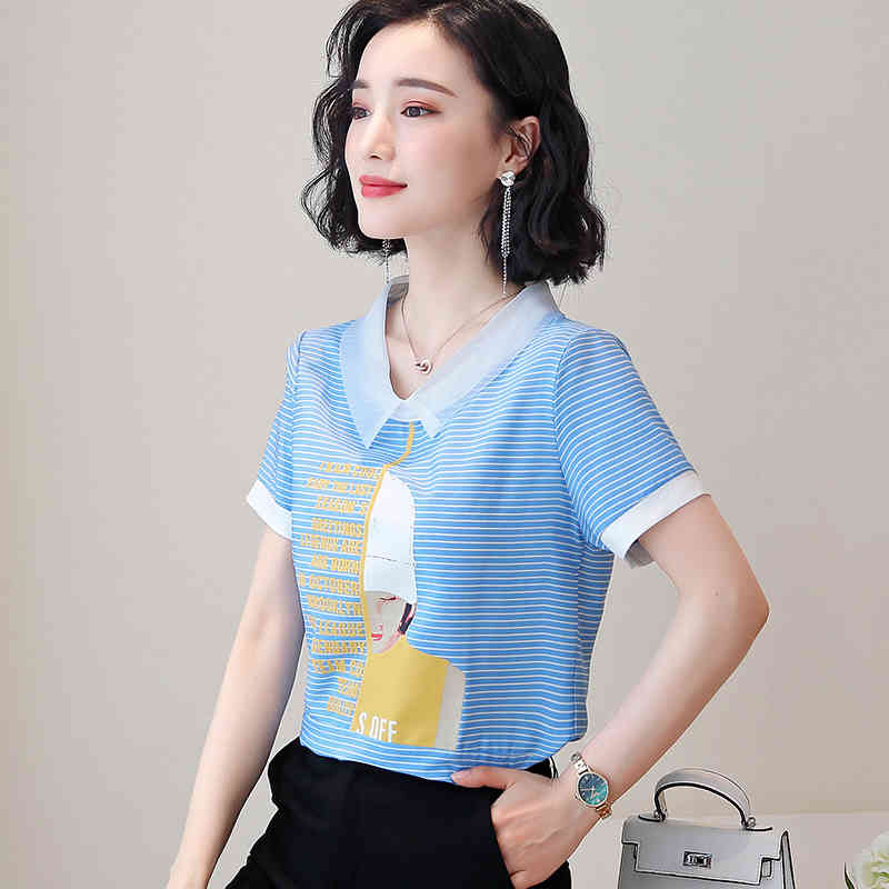 plus size women blouses blusas mujer de moda Peter panCollar Regular short sleeve Striped Chiffon shirt 5435 50 210427