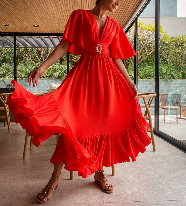Women Dress Temperament Bohemia Sexy Long Flare Sleeve Ruffles Maxi es V Neck Belt Large Hem Beach es 210513