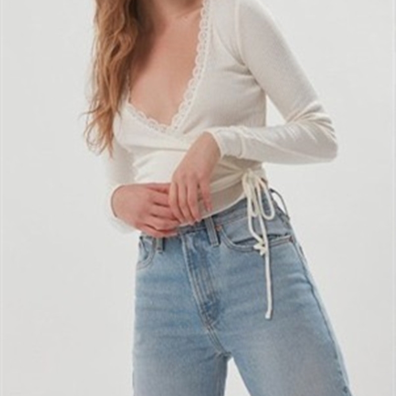 Vintage Spliced Lace Cross V neck Tie Bow Rib Crop Cardigan Women Elegant Hem Bandage Sweater Long sleeve Short Jumper 210429
