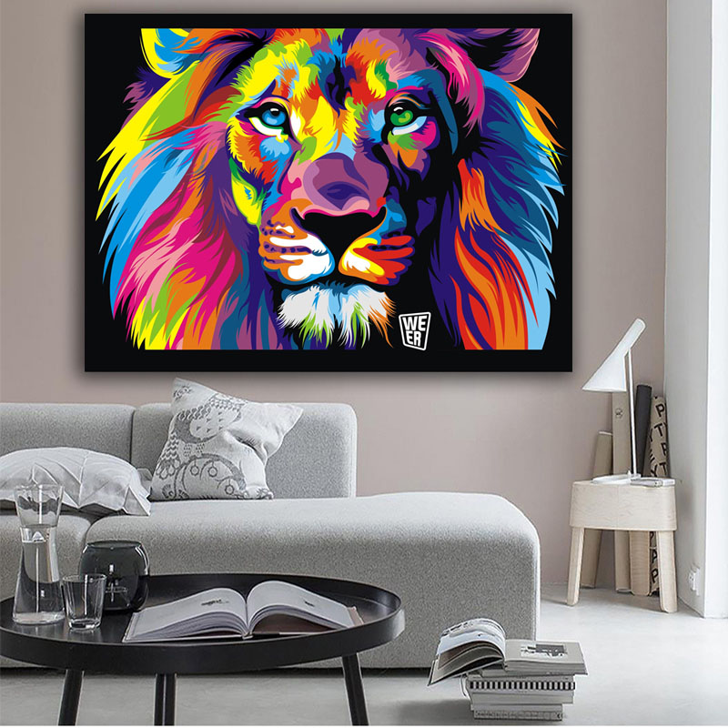 Modern Abstract Animals Colorful Print Art Lion Oil Painting on Canvas Wall Picture Living Room Kid'Room Cudros Poster Decor