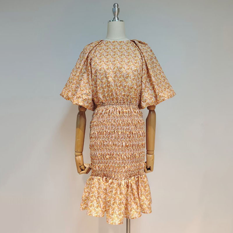 VGH Print Casual Dress For Women O Neck Lantern Short Sleeve High Waist Hollow Out Bodycon Dresses Female Summer Fashion Clothes 210421