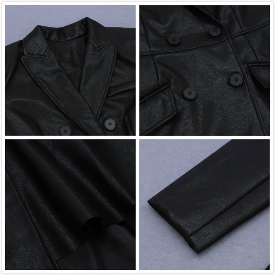 Free Chic Faux Leather Dress Elegant Women Lapel Long Sleeve Belt Double Breasted Marx Club Party PU es 210524