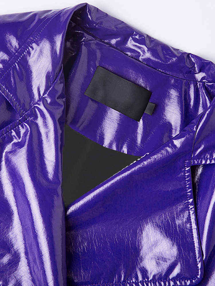 Nerazzurri Spring purple shiny womens patent leather trench coat belt raglan sleeve Oversized soft runway long coat women 211119