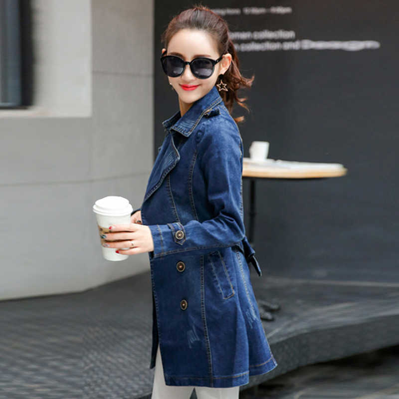 JMPRS Plus Size Women Denim Trench Fashion Autumn Slim Korean Female Long Coat Sleeve Tunic Double Breasted Windbreaker 210820