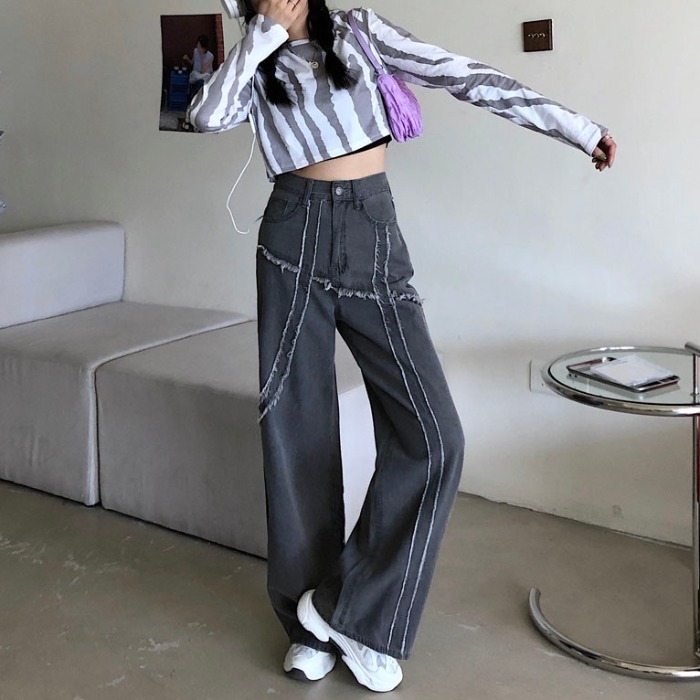 Jeans Woman High Waist Wide Leg Trousers Tassel Patch Harajuku Womens Loose Daily Setreetwear Hip-hop Pants 210422