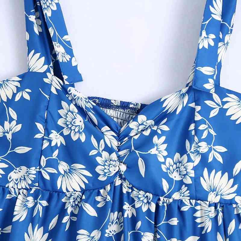 Summer Women Floral Printing Lace Up Suspender Midi Dress Female Sleeveless Clothes Casual Lady Loose Vestido D7696 210430