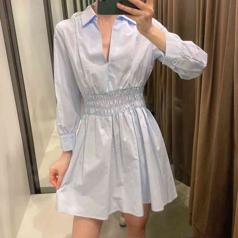 Women V Neck Elastic Waist Blue Mini Dress Female Nine Quarter Sleeve Clothes Casual Lady Loose Vestido D7508 210430Z