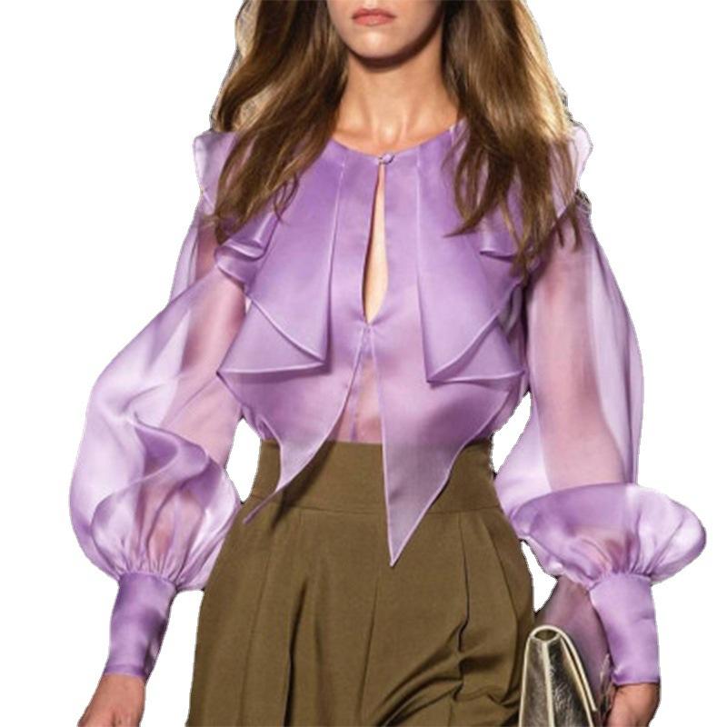 Women's Blouses & Shirts Women Purple Tops Long Lantern Steeves Office Ladies See Through Fashion Clothes 2021 Party Birthday Blouse