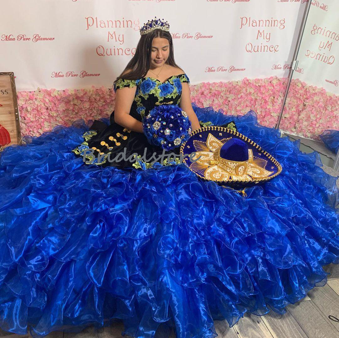 Mexican Style Princess Quinceanera Dresses 2022 Black With Royal Blue Rose Floral Sweet 15 Dress Organza Ruffles Plus Size Prom Party Masquerade Forma