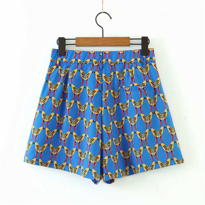summer women beach style elastic high waist zipper shorts fashion holiday wild bird print blue short pants femme 210421