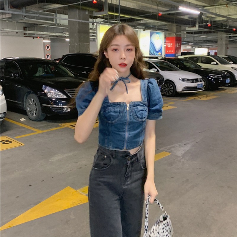 Chic Korean Vintage Shirts & Blouses Square Neck Puff Short Sleeve Zipper Crop Tops Denim Blouse Women Casual Blusas De Mujer 210429