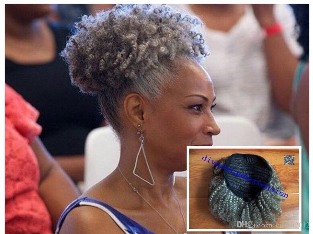 Women silver grey hair extension salt&pepper gray afro puff kinky curly drawstring human hair ponytaisl hairpiece clip in updo bun chignon pony tail 8