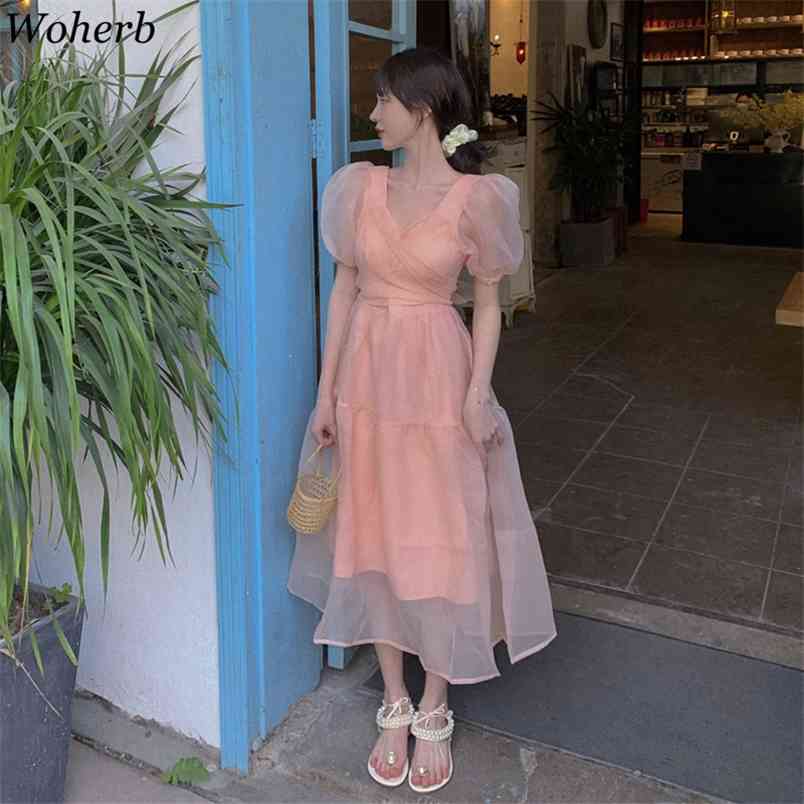 Women Dress Chic Elegant Robe Summer Temperament Gentle Puff Short Sleeve Vestidos Sweet Gauze Korean Slim Dresses 210519