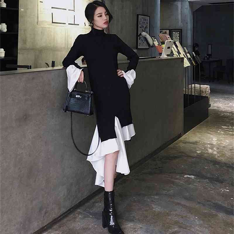 Autumn fashion Knitting Dress Female Flare Long Sleeve Turtleneck Patchwork Ruffle Hem Irregular Women's Dresses Robe 210519