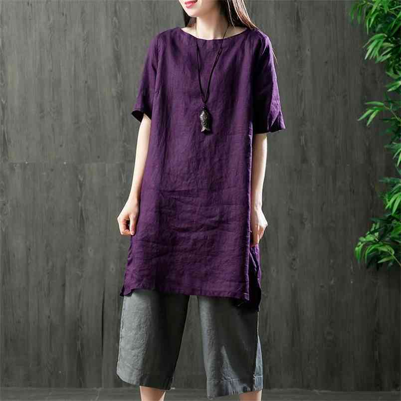 Summer Women Tshirt Plus Size Short Sleeve Loose Solid Long Tee Shirt Femme 100% Cotton Vintage Tops Big Clothes D16 210512