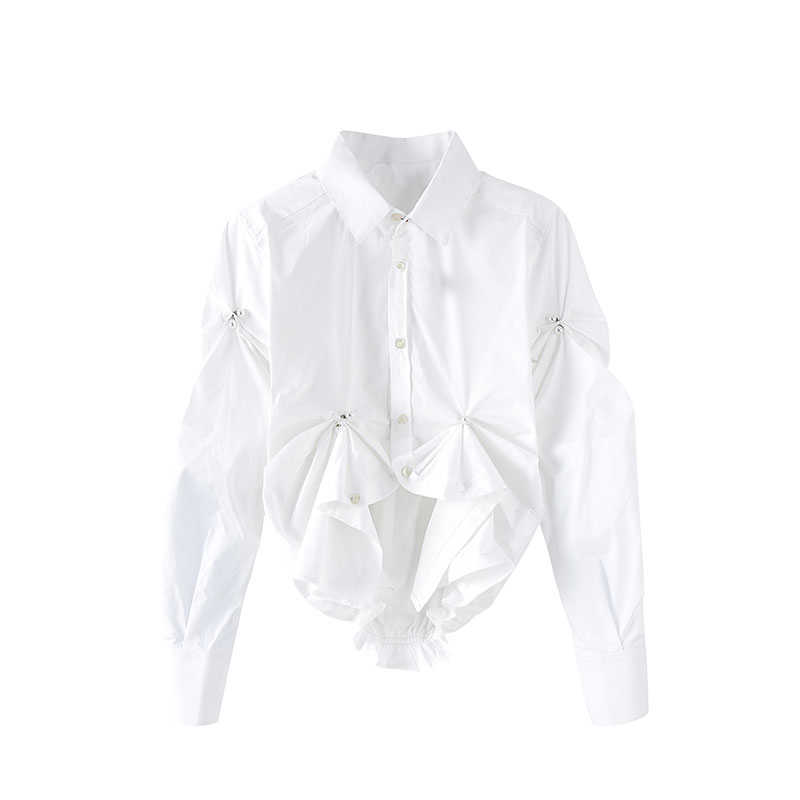 Spring Summer Design All Match Irregular Office Lady Turn Down Collar Full Pearl Short White Women Shirts 210615
Spring Summer Design All Match Irregular Office Lady Turn Down Collar Full Pearl Short White Women Shirts 210615