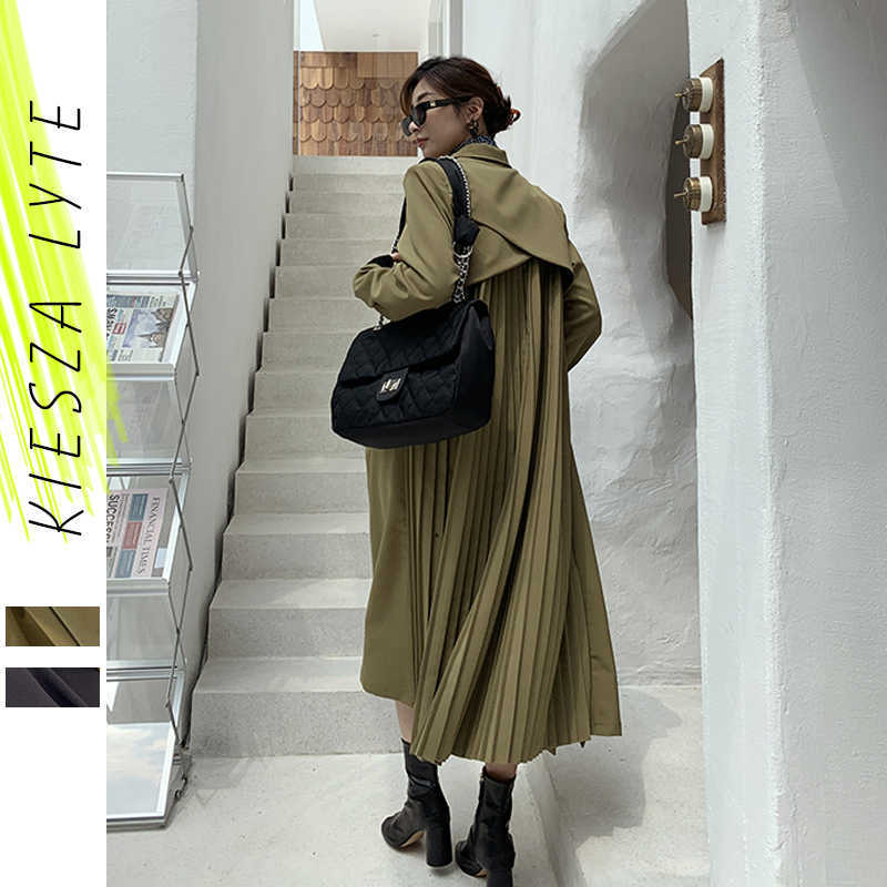 Women Long Trench Coat With Belt Patchwork Pleated Green Black Windbreaker Autumn Winter Ladies Outerwear 210608
Women Long Trench Coat With Belt Patchwork Pleated Green Black Windbreaker Autumn Winter Ladies Outerwear 210608
