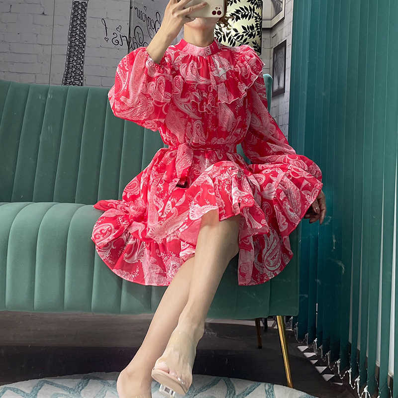 DEAT Women Ruffles Printing Dress Stand Neck Long Sleeve Lady Temperament Fashion Spring Summer 11D1878 210709