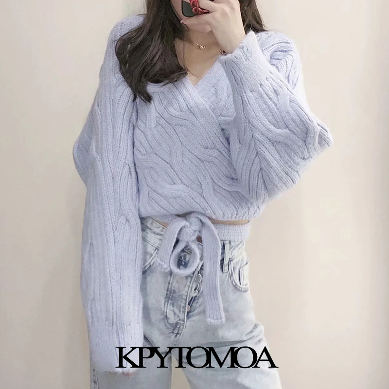 Women Fashion With Bow Tied Cropped Wrap Cable-knit Cardigan Sweater Long Sleeve Female Outerwear Chic Top 210420