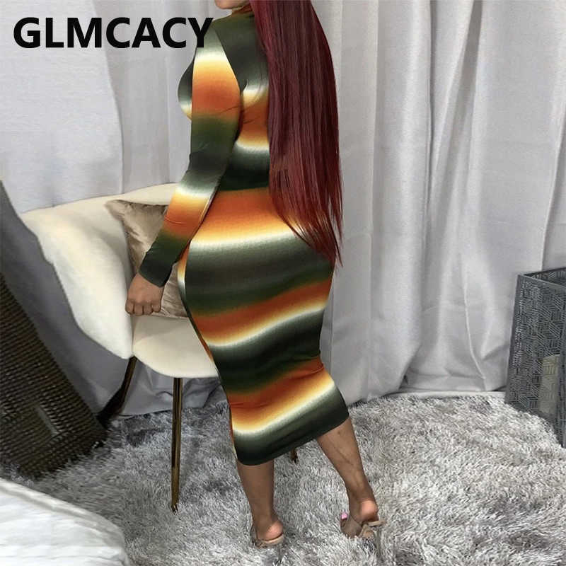 Women Abstract Striped Bodycon Dress Long Sleeve Slinky Pencil Dresses 210702