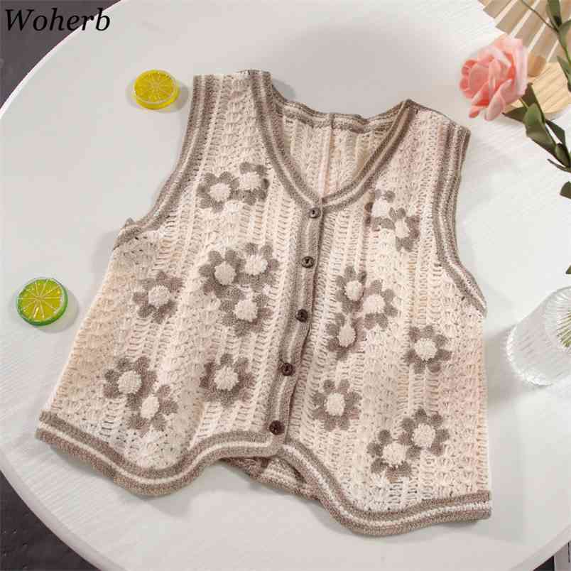 Sweater Vest Women Loose Single Breasted Cardigan Top Elegant All Match V Neck Embroidered Hollow Out Vintage Coat 4i353 210519