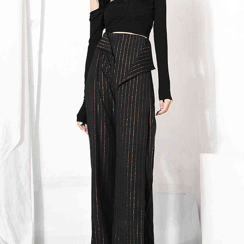 TWOTWINSTYLE Striped Black Casual Straight Pants For Women Korean Fashion High Waist Wide Leg Pant Females Autumn Style 211124