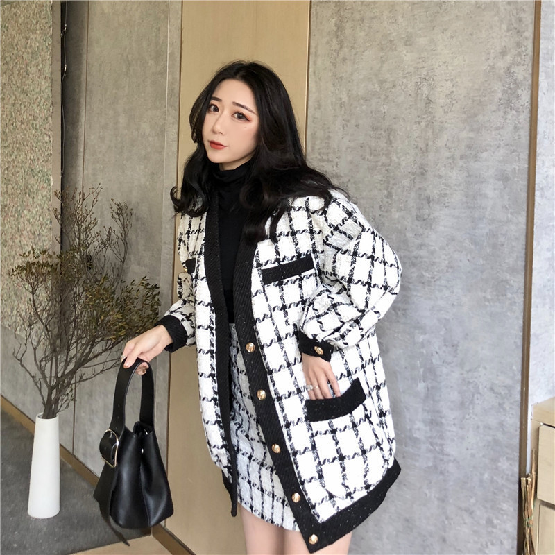 Top Quality Autumn Winter Contrast Black and White Plaid Tweed 2 Piece Set Women Loose Woolen Jacket Coat + Slim Short Skirt Set 201030