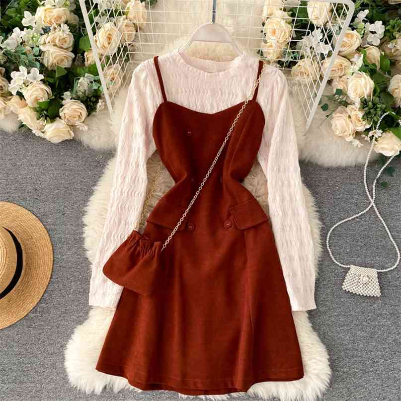 Women's two piece set o neck long sleeve slim elastic bottom t-shirt and spaghetti strap mini dress suits sweet lady 210603, Orange-red
Women's two piece set o neck long sleeve slim elastic bottom t-shirt and spaghetti strap mini dress suits sweet lady 210603, Orange-red