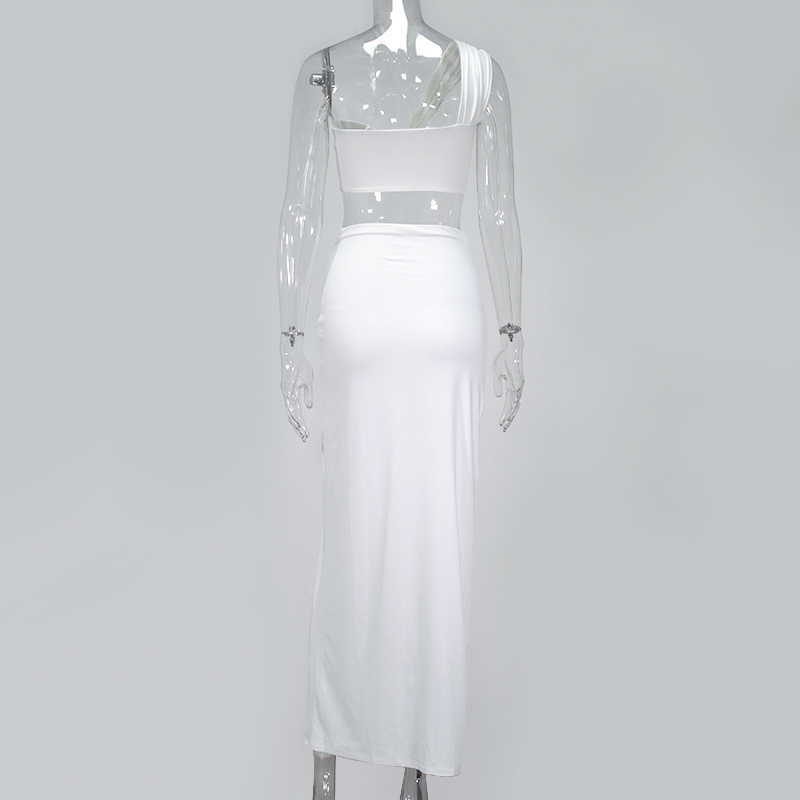 Colysmo Summer White Crop Top Long Skirts Two Piece Set Women Beach Party Club Sexy One Shoulder Twist Pleats 2 Outfits 210527