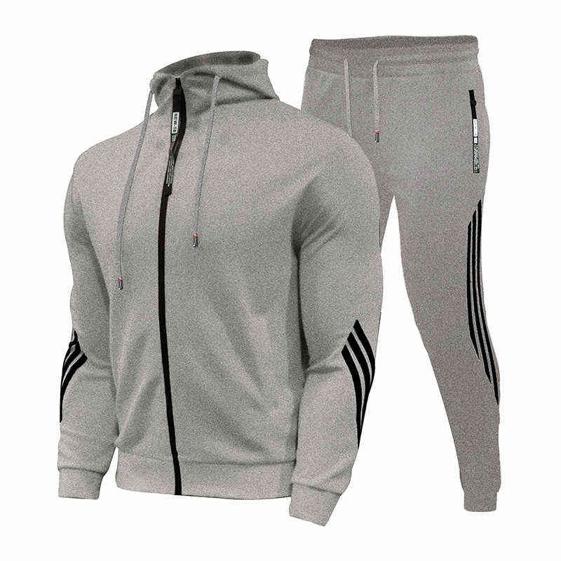 2021 Spring And Autumn Brand Fashion Men's Two-Piece Striped Sportswear Men's Hooded Top Outdoor Sports Pants Track Suit H1120